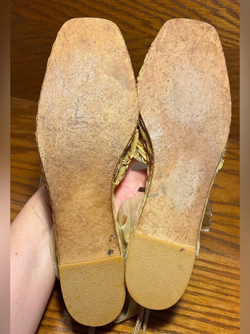 Y2K VTG Stuart Weitzman Leather Floral Appliqué Ankle Wrap Espadrilles Beige 7